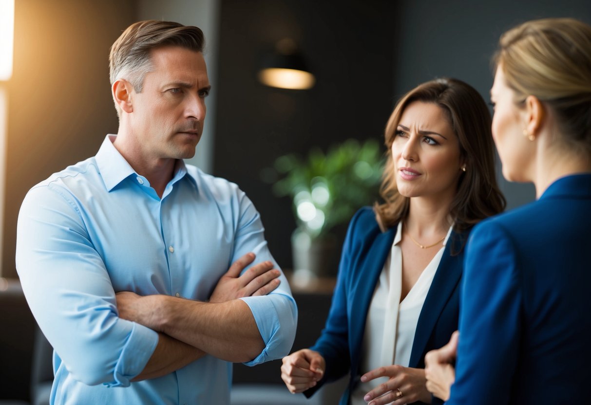 A man stands with arms crossed, glaring at a woman while she tries to speak. His body language exudes dominance and control