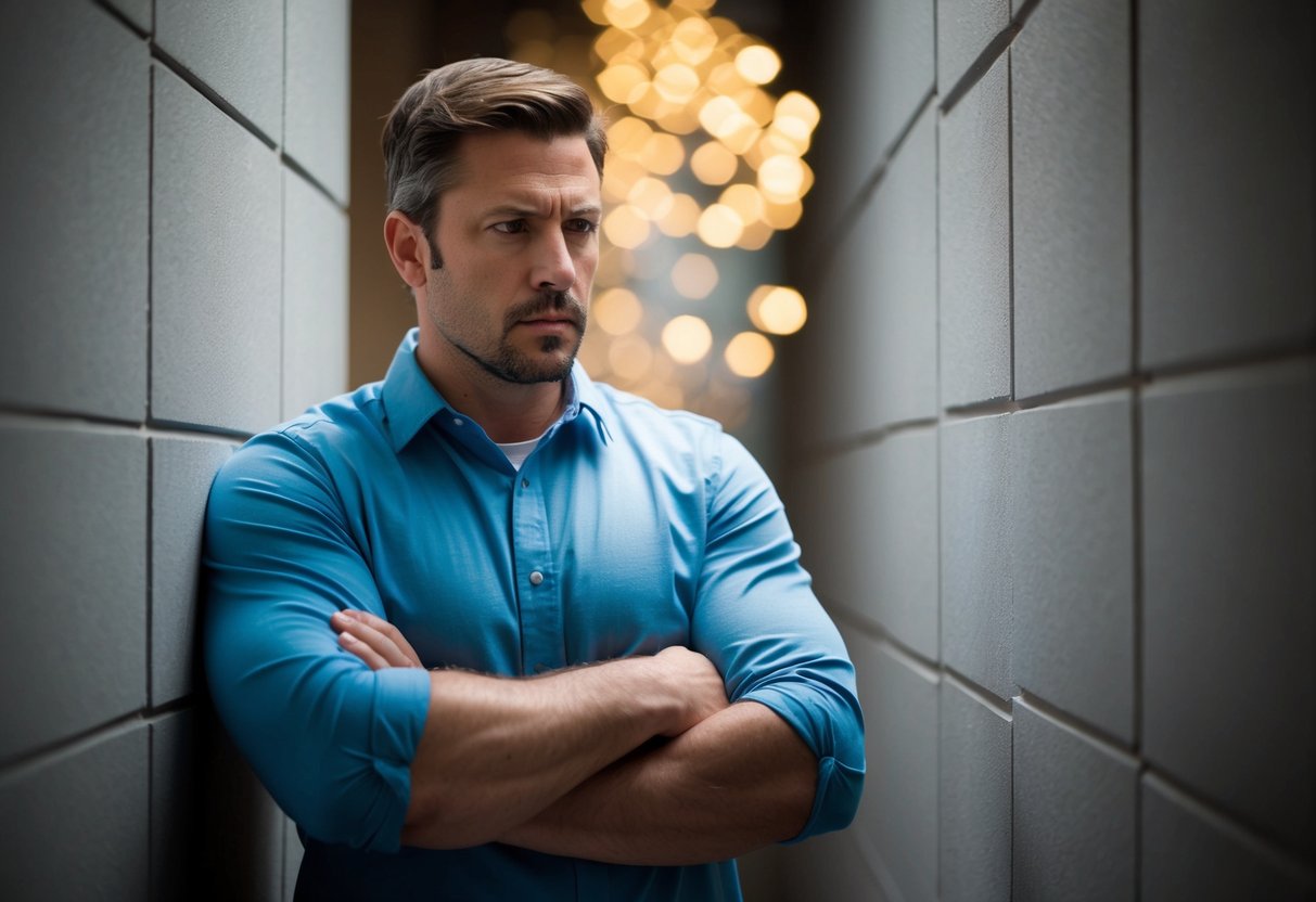 A man surrounded by walls, arms crossed, glaring at unseen threat