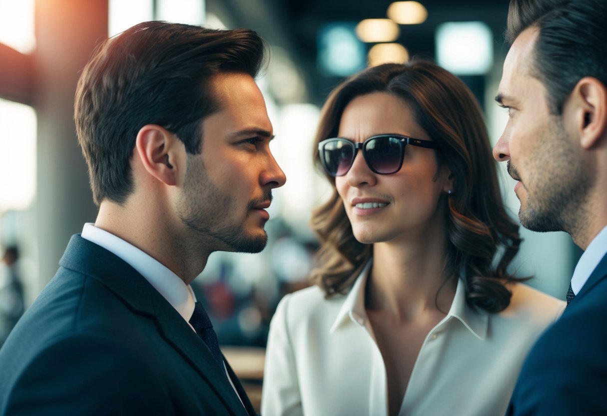 A man glaring at his partner while she talks to another man