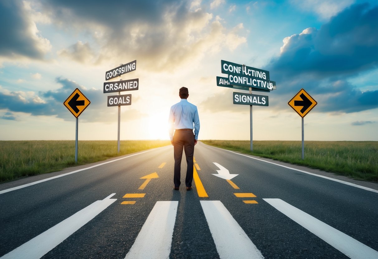 A person standing at a crossroads, with one path leading to clear, organized goals and the other path filled with confusing and conflicting signals