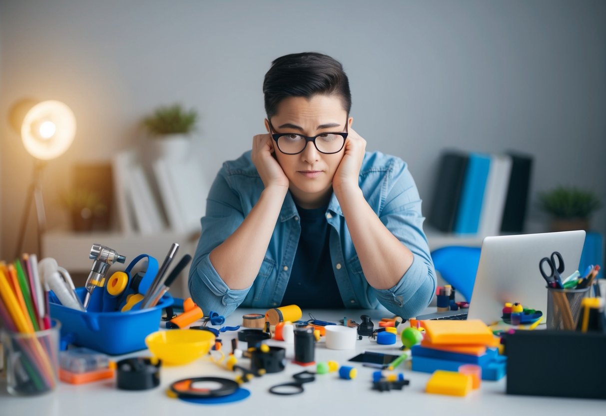 A person surrounded by various hobby materials, looking determined and focused on trying out new activities to distract themselves from overthinking mixed signals