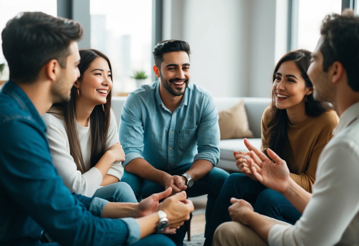 A group of friends sitting in a circle, engaged in a lively conversation, with one person sharing their feelings while the others listen attentively