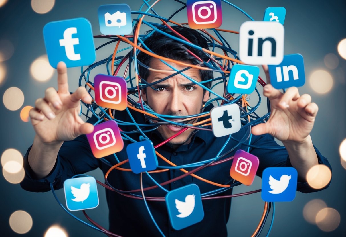 A person surrounded by tangled social media icons, struggling to break free