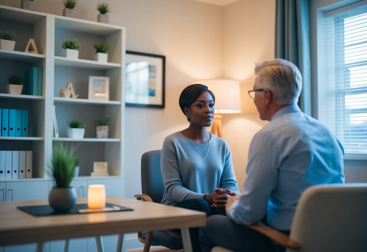 A person sitting in a therapist's office, surrounded by calming decor and soft lighting, engaged in deep conversation with the therapist