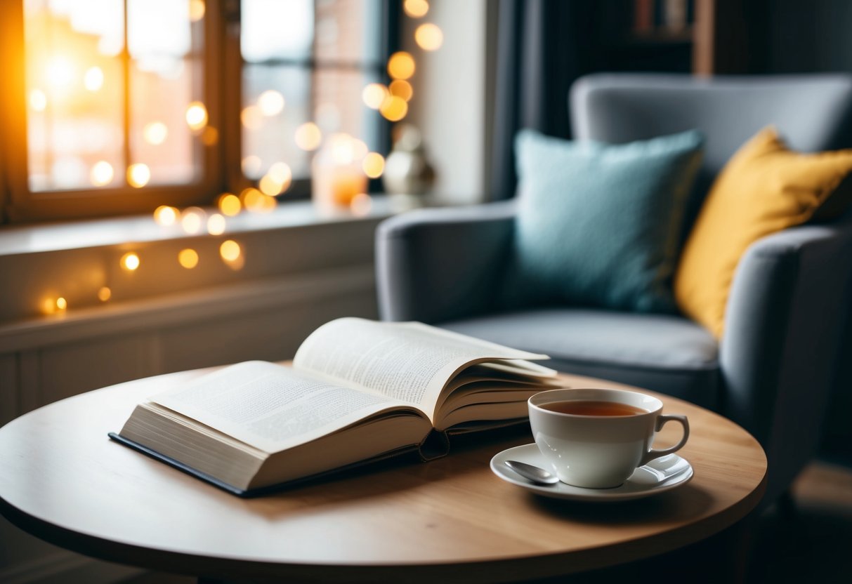 A cozy reading nook with a book open on a table, surrounded by a warm cup of tea and a comfy chair