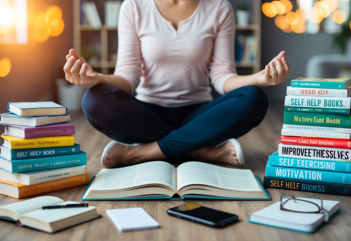 A person surrounded by a variety of self-help books and motivational quotes, engaging in activities like journaling, exercising, and meditating to improve themselves