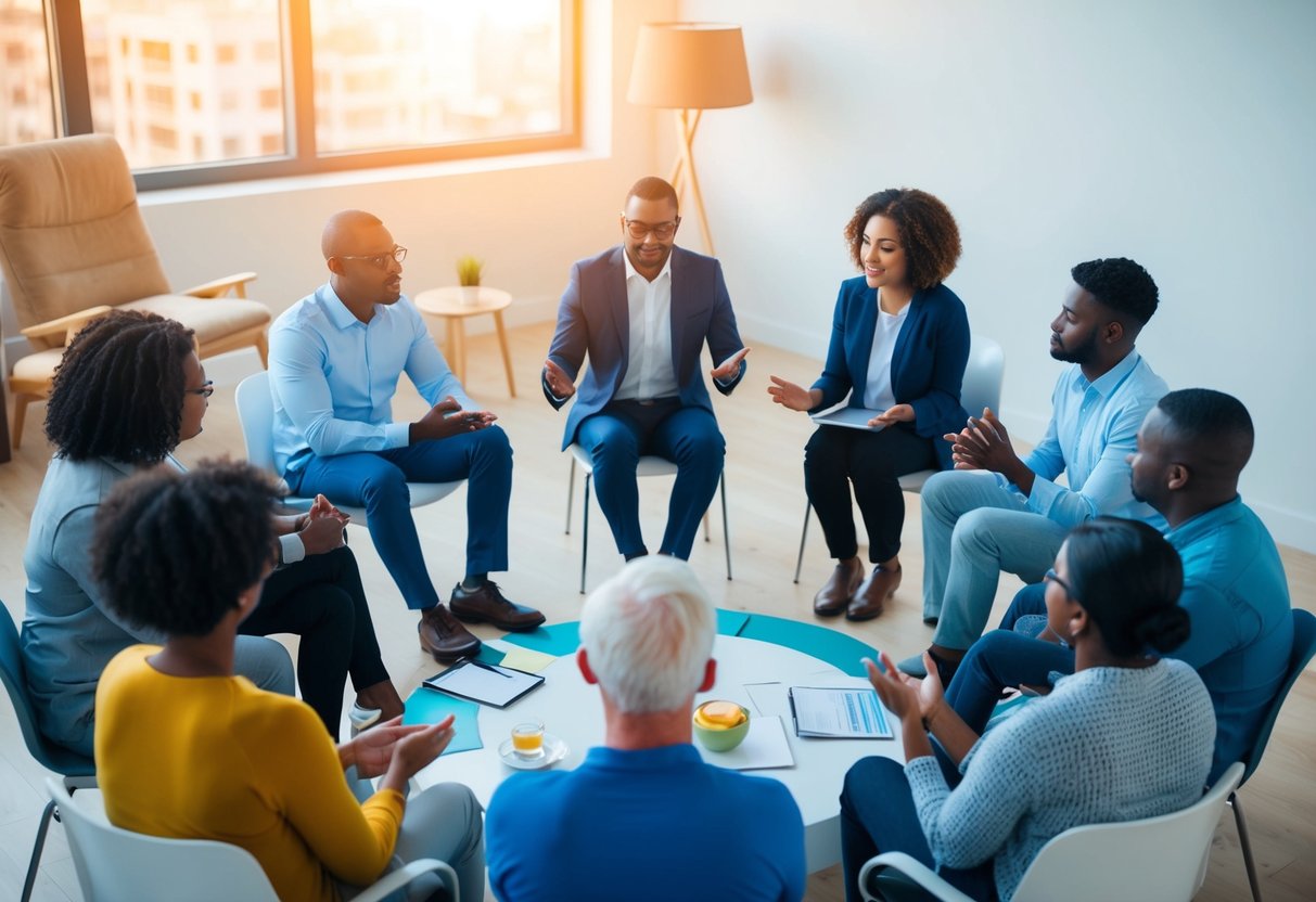 A circle of diverse individuals sitting in a support group, sharing experiences and offering advice on overcoming obsession with mixed signals