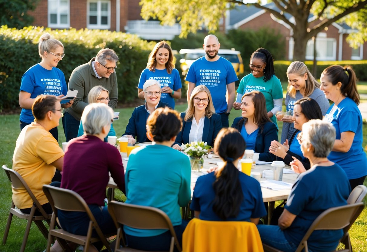 A group of volunteers gather in the community, engaging in various activities to promote mental health and well-being