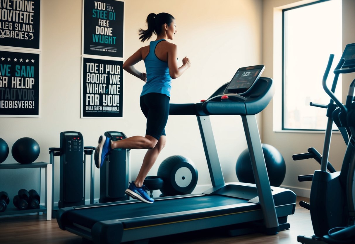 A person running on a treadmill, surrounded by a variety of exercise equipment and motivational posters