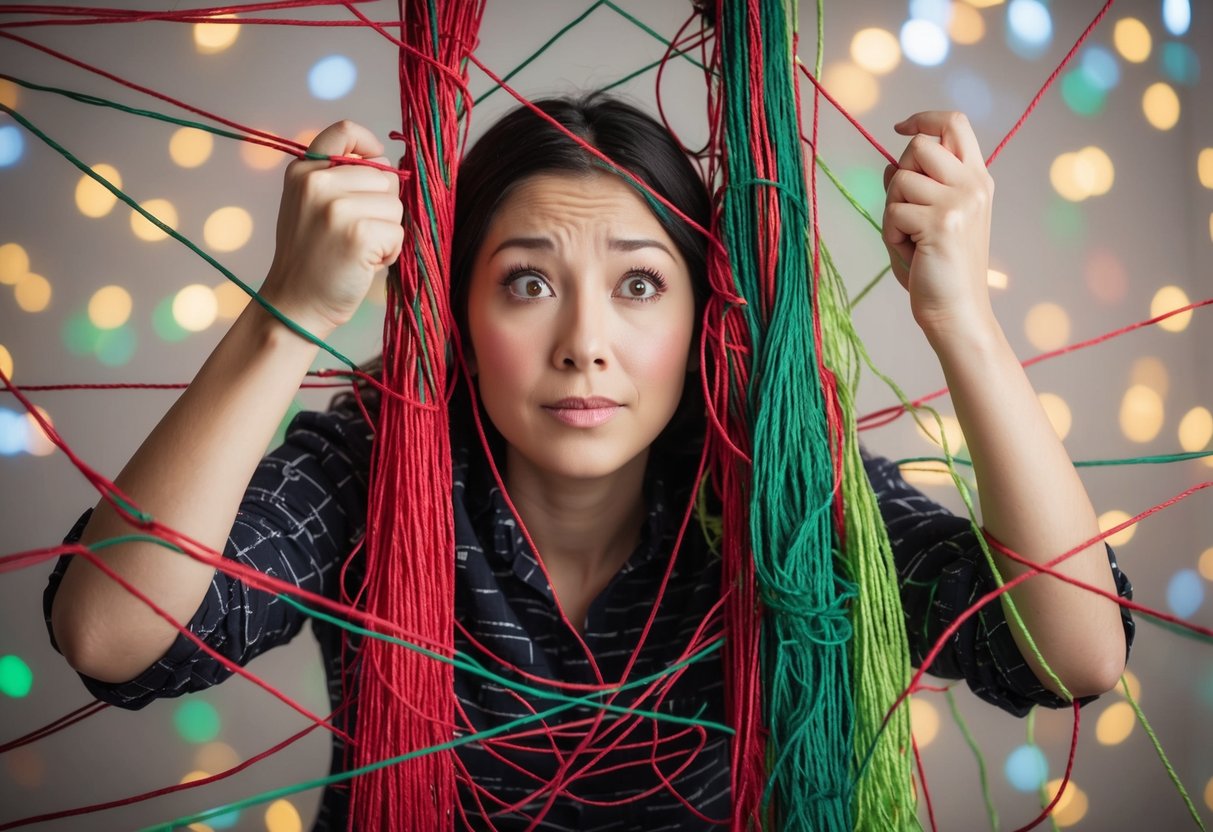 A person surrounded by tangled red and green strings, with a puzzled expression