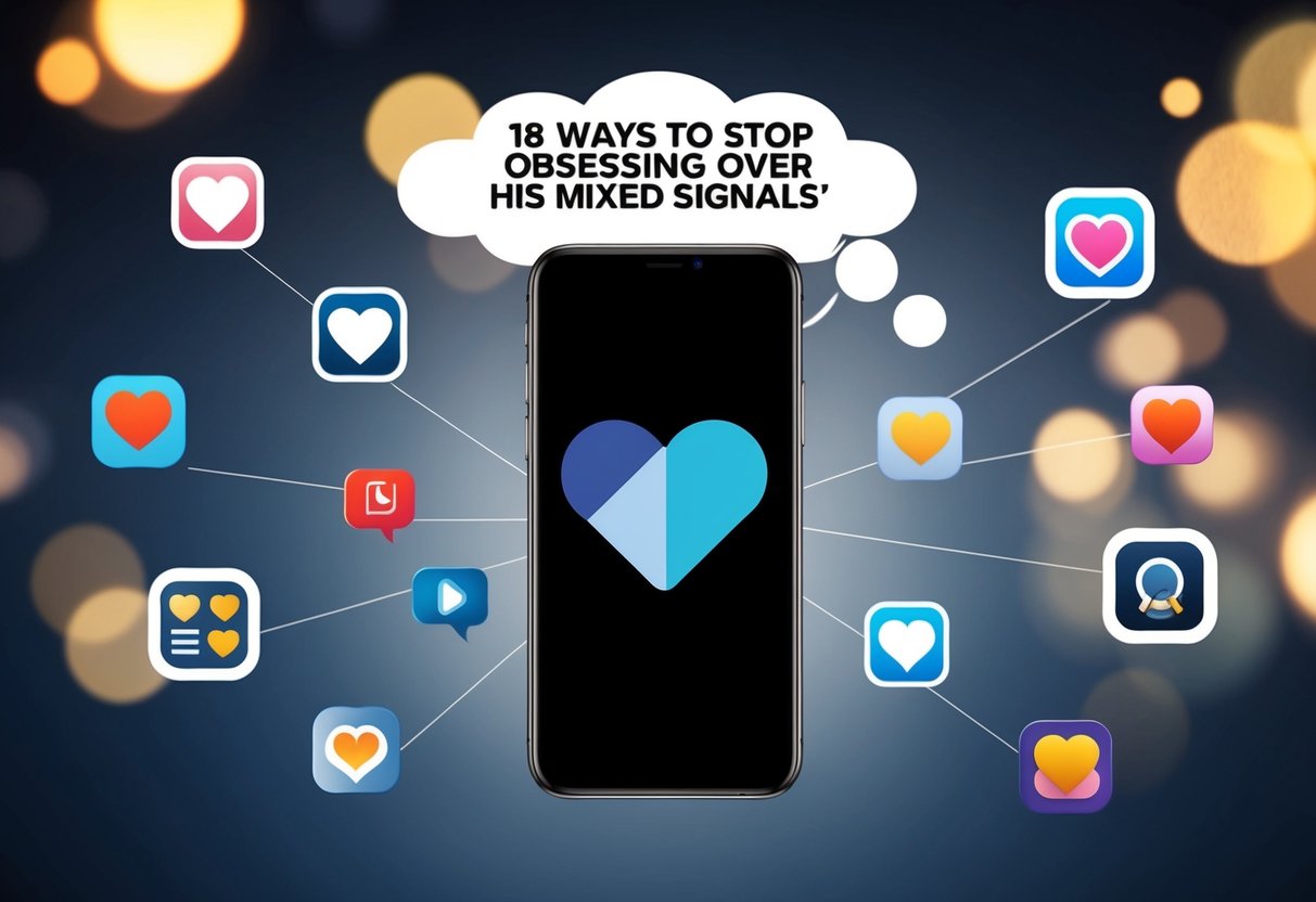 A smartphone surrounded by various dating app icons, with a thought bubble containing the words "18 Ways to Stop Obsessing Over His Mixed Signals" above it