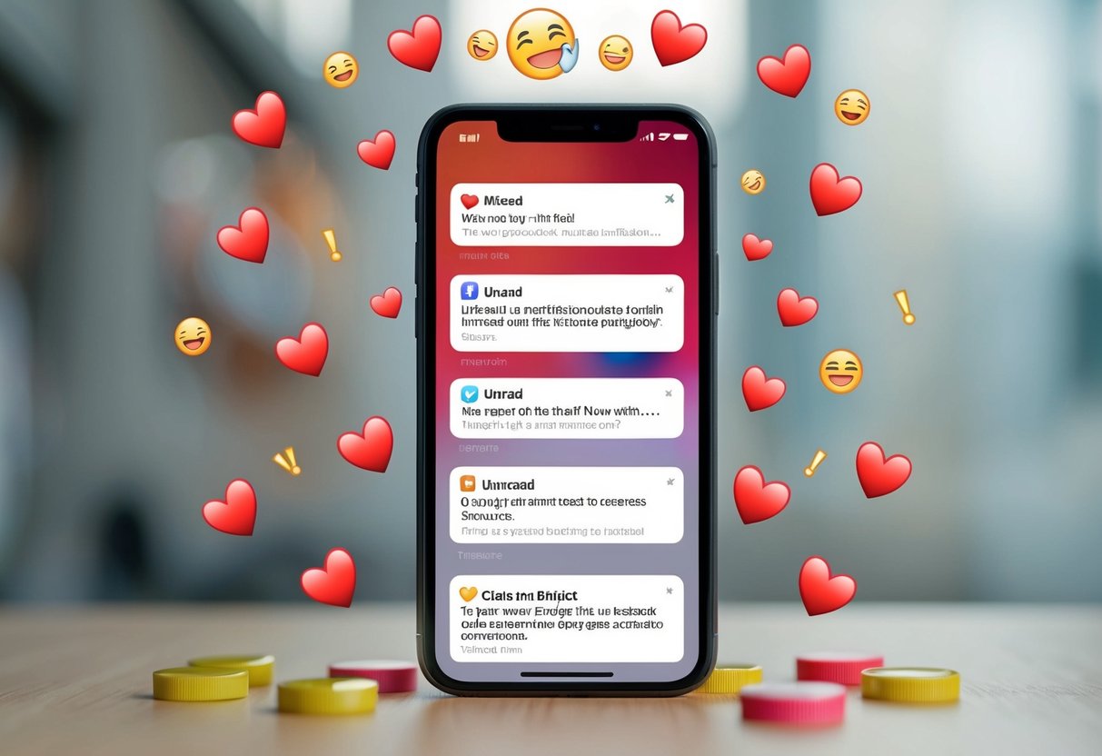 A phone screen with multiple notifications, some marked "unread," surrounded by scattered heart emojis and exclamation points