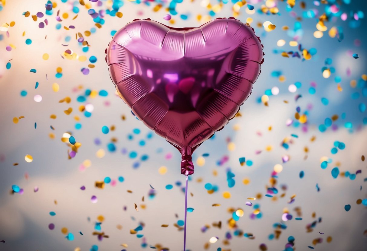 A heart-shaped balloon floating in the air, surrounded by a scattering of small, colorful confetti