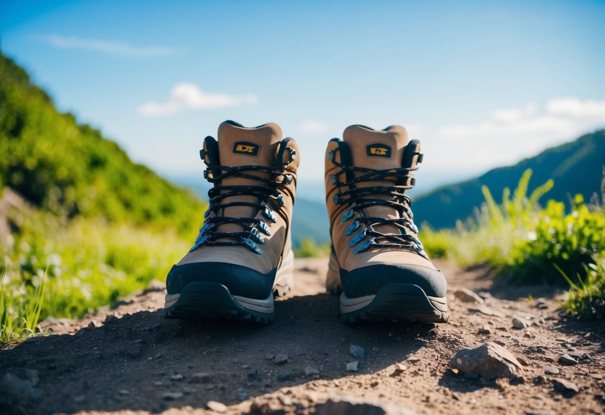 Two pairs of hiking boots on a rugged trail, surrounded by lush greenery and a clear blue sky, with a sense of excitement and anticipation in the air