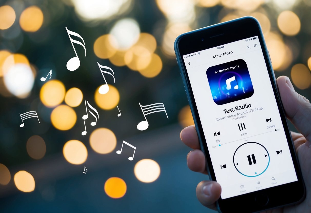 A phone with a radio app open, displaying the song title and artist, while music notes float in the air