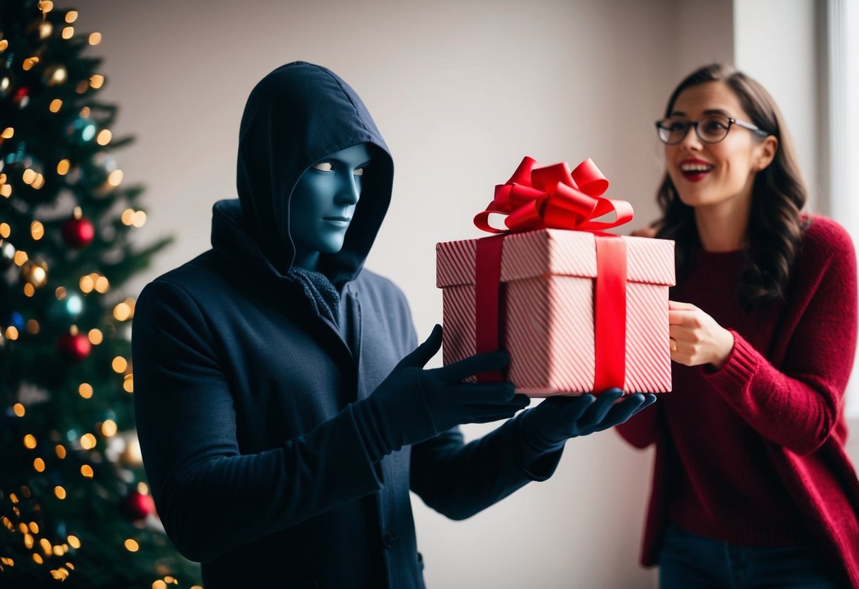 A mysterious figure holds a wrapped gift, while another person eagerly anticipates the surprise