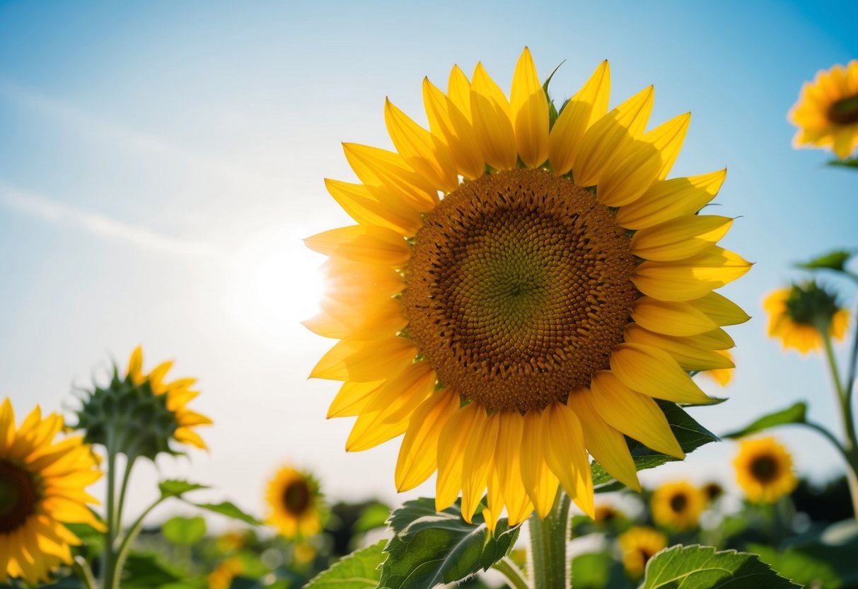 A bright sunflower facing the sun, surrounded by smaller flowers, with a clear blue sky in the background