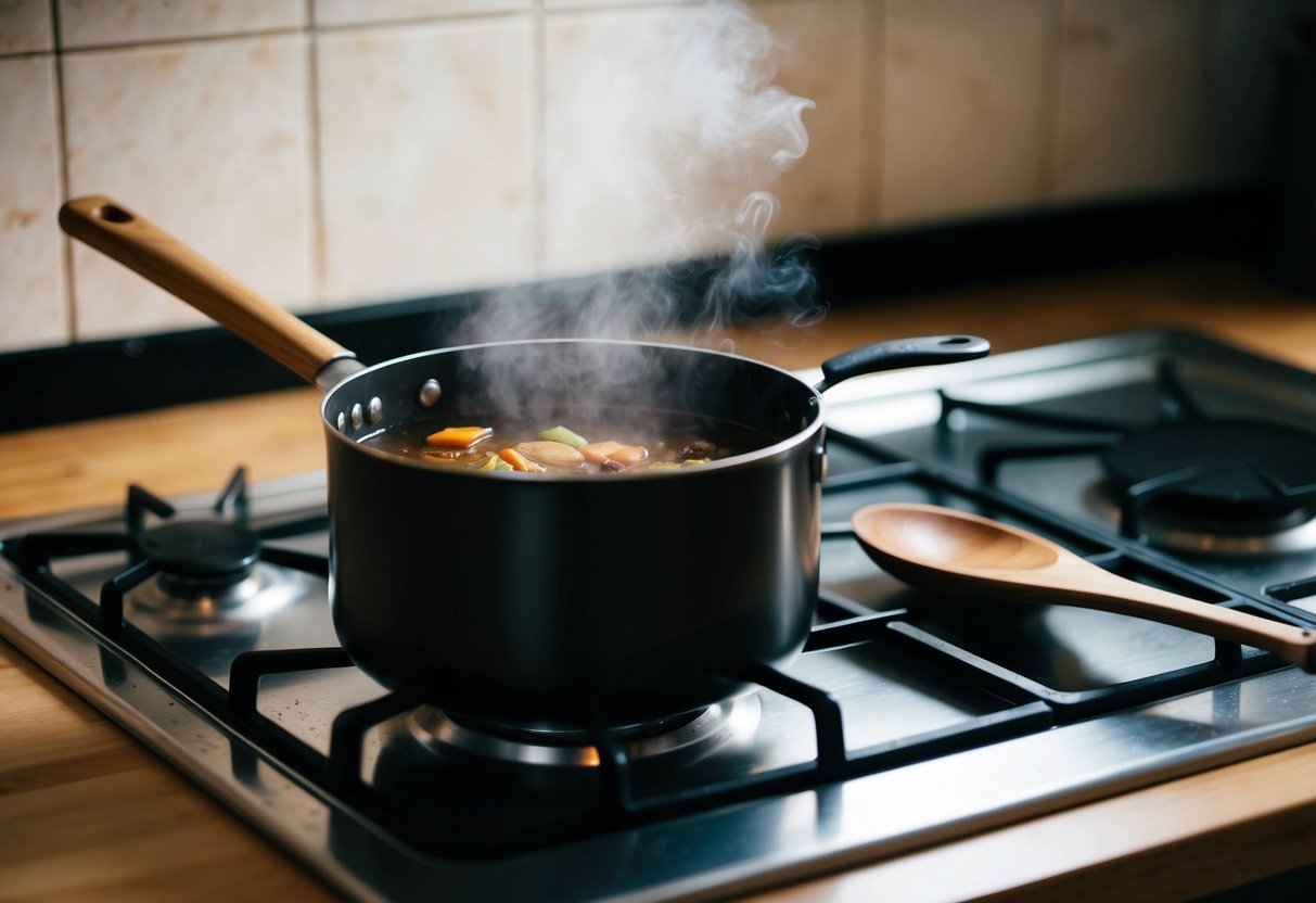 A pot simmering on a stove, emitting savory aromas, with a wooden spoon resting on the counter beside it