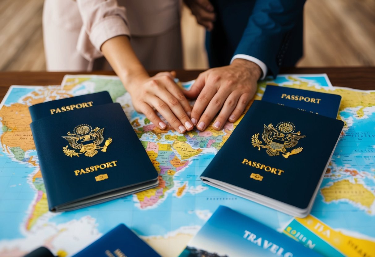 A couple's passports surrounded by travel brochures and a world map