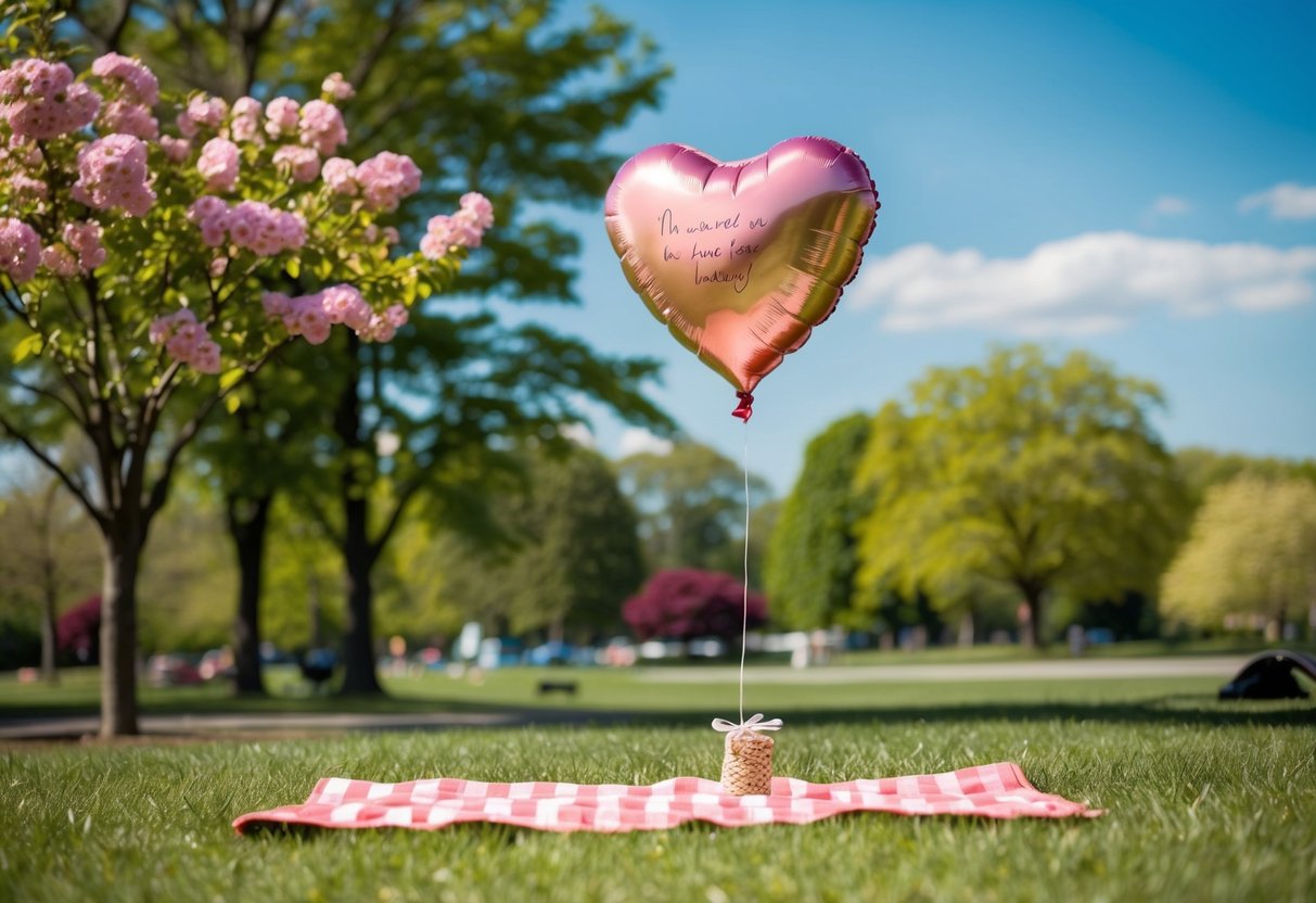 A sunny park with a picnic blanket, surrounded by blooming flowers and a clear blue sky. A heart-shaped balloon floats in the air, carrying a handwritten note