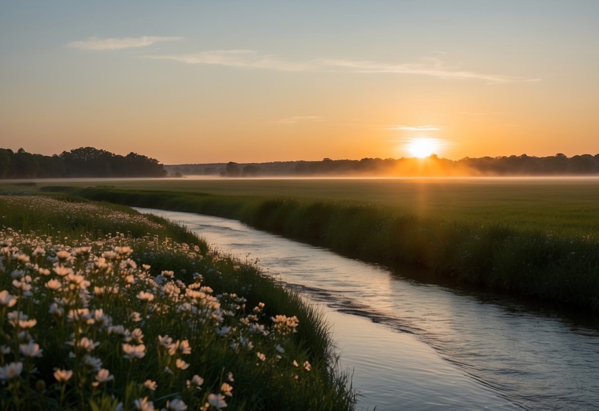 A sun rising over a tranquil landscape, casting warm light on a field of flowers and a calm, flowing river