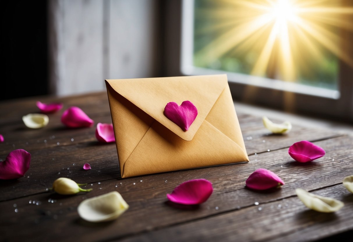 A heart-shaped envelope placed on a rustic wooden table, surrounded by scattered rose petals and a faint glow of sunlight streaming in through a nearby window