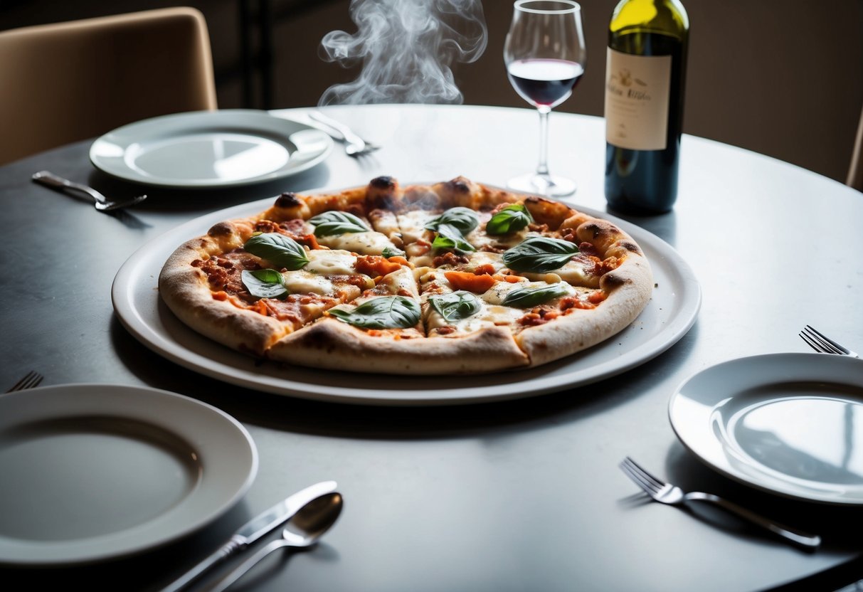 A table set with a large, steaming pizza surrounded by two empty plates and a bottle of wine