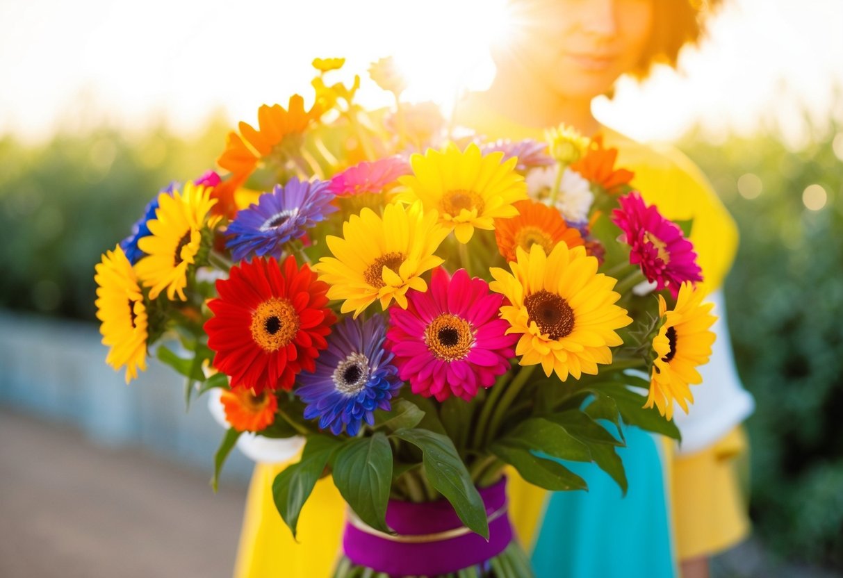 A vibrant bouquet of colorful flowers with a bright sun shining in the background