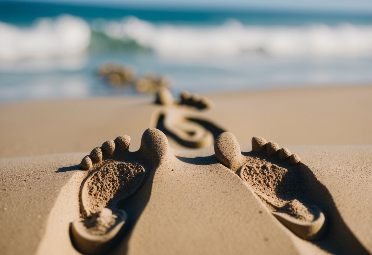 A pair of intertwined footprints in the sand, with one set leading away and the other set following closely behind