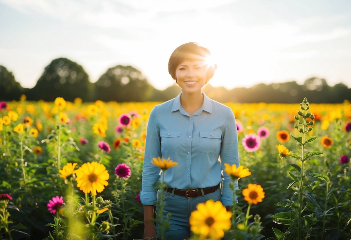 A person standing in a field of colorful flowers, with the sun shining and a bright smile on their face