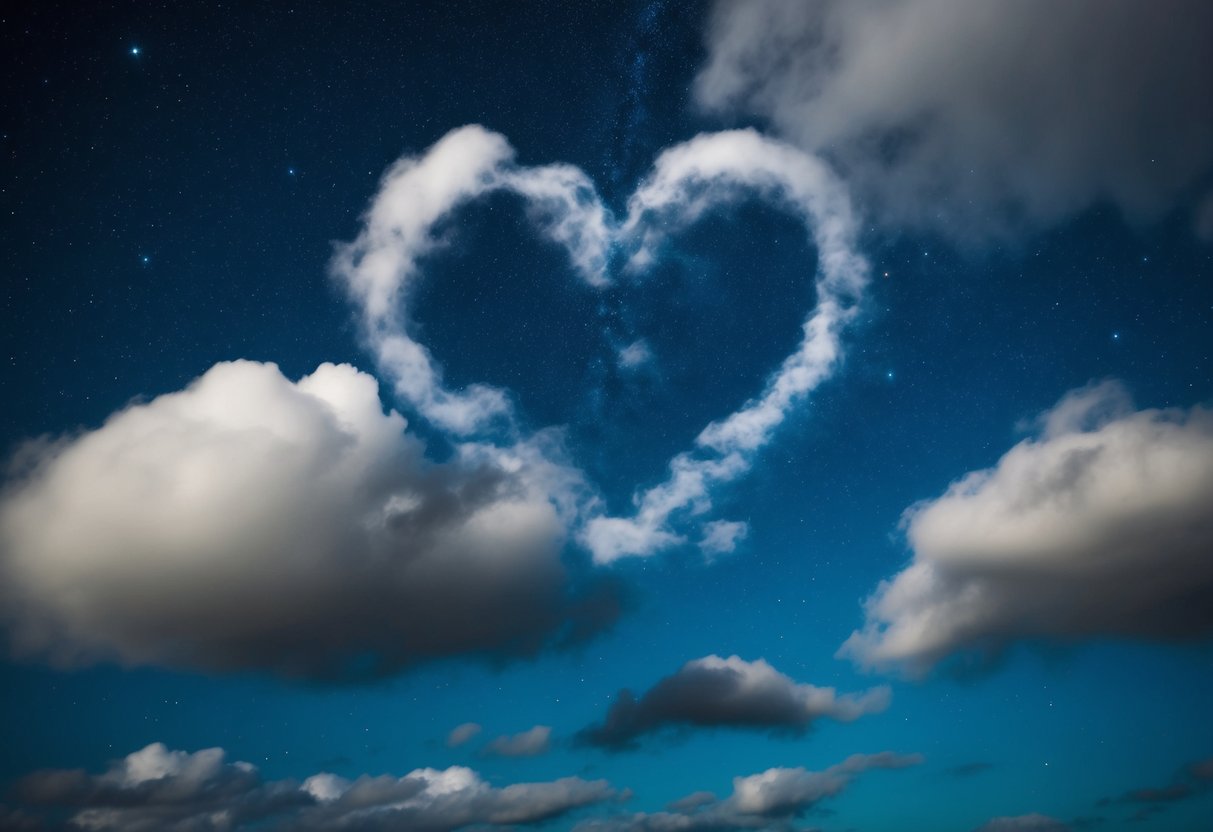 A starry night sky with a cloud shaped like a heart, surrounded by smaller clouds, conveying a dreamy and romantic atmosphere