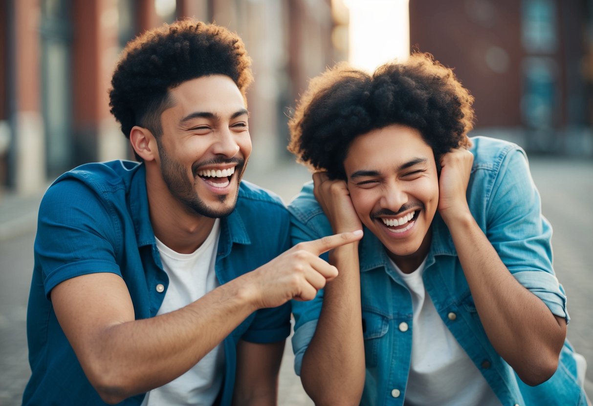 Two friends laughing together, one pointing and the other doubled over in laughter