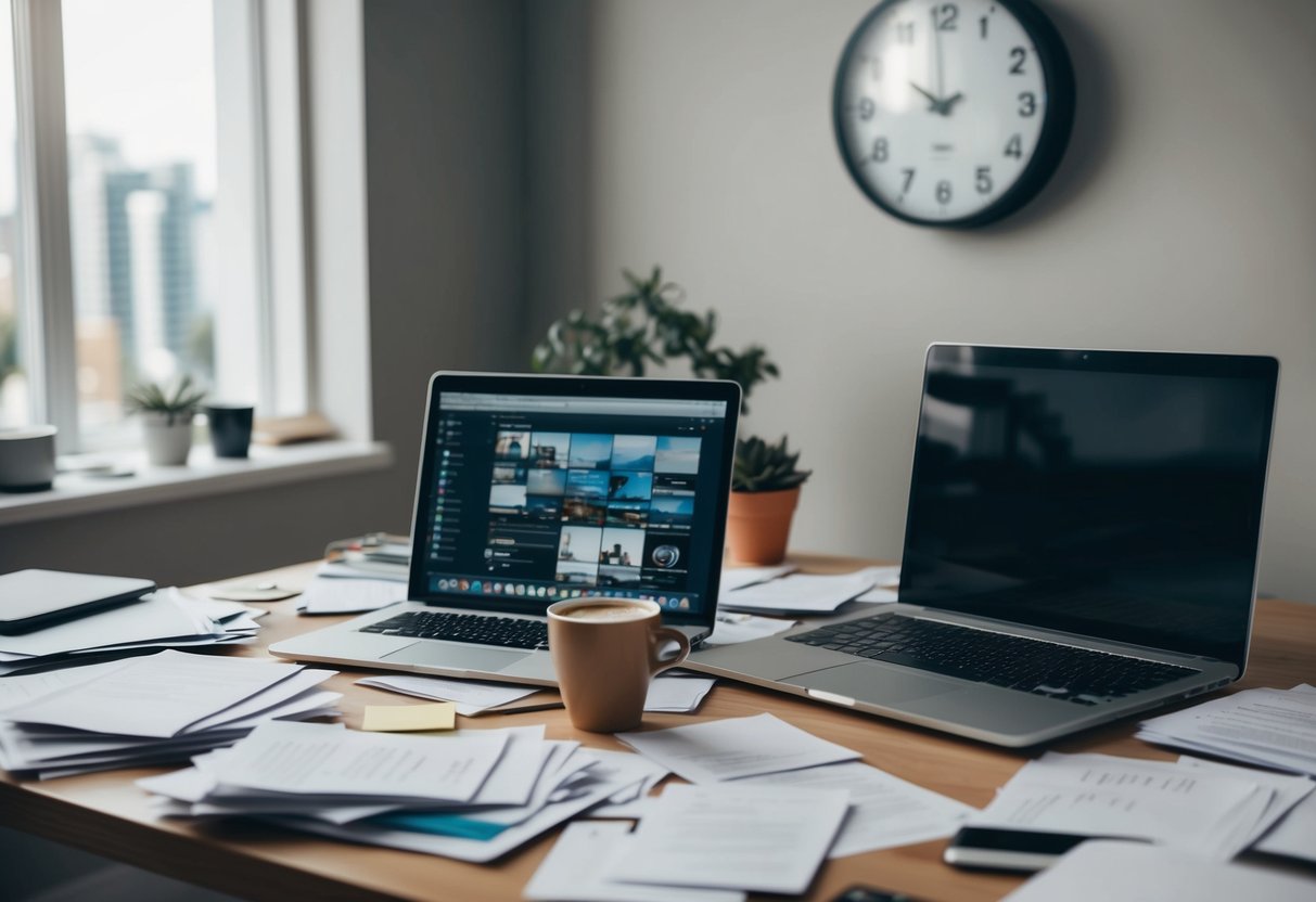 A cluttered desk with scattered papers, a half-empty coffee cup, and a laptop with multiple open tabs. A clock on the wall reads 5:00 PM