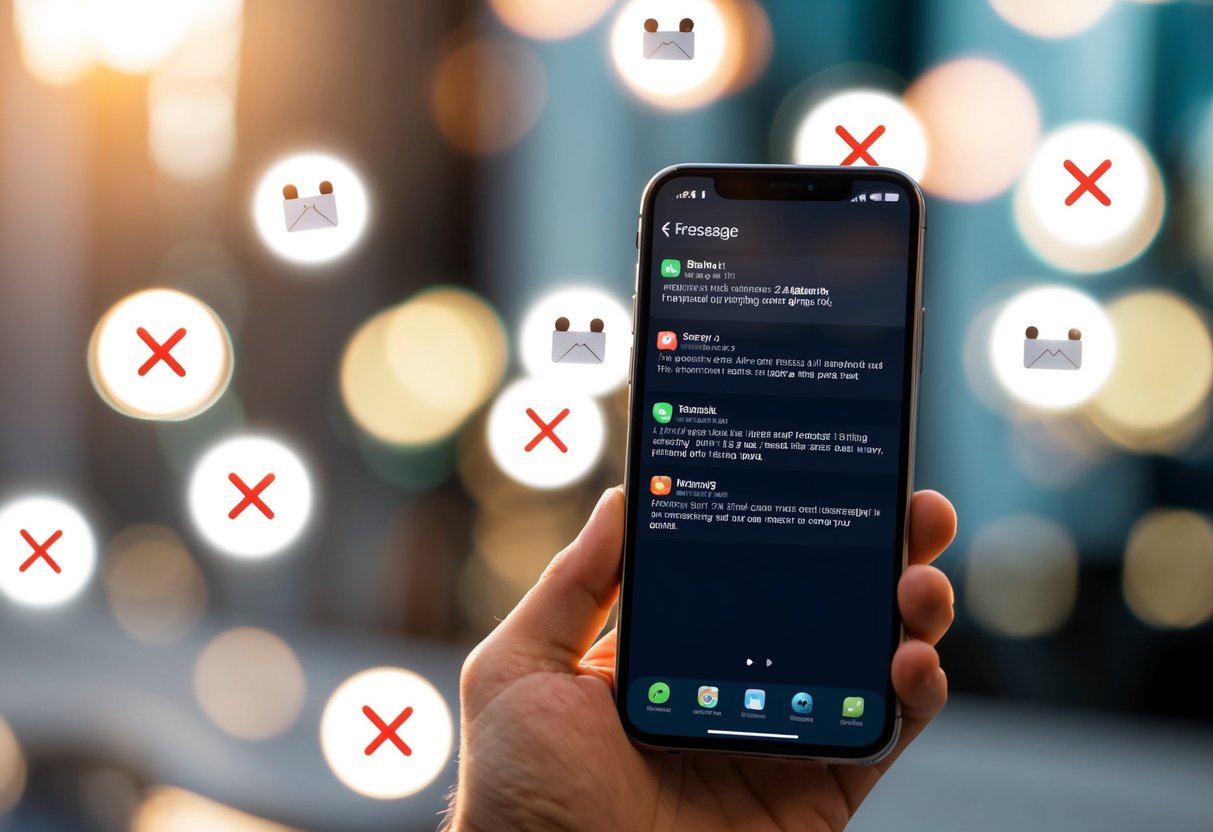 A phone with 15 incoming message notifications from different people, all with a red "X" indicating they should not be sent to him