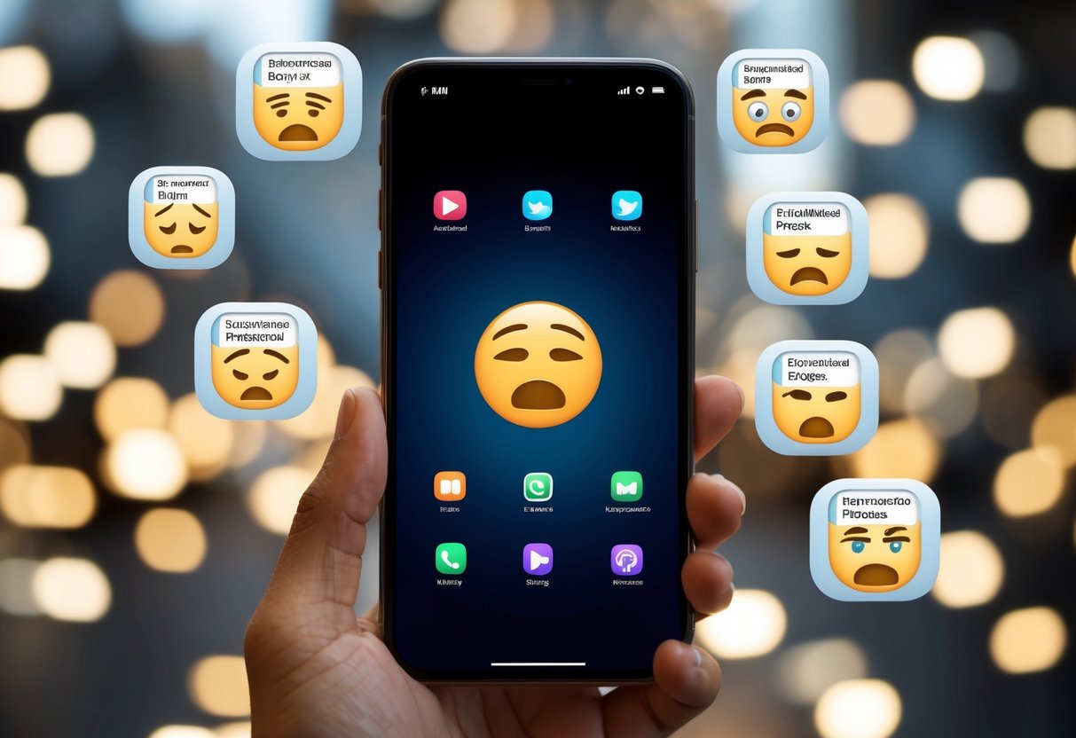 An empty phone screen with multiple notification bubbles and a frustrated expression emoji