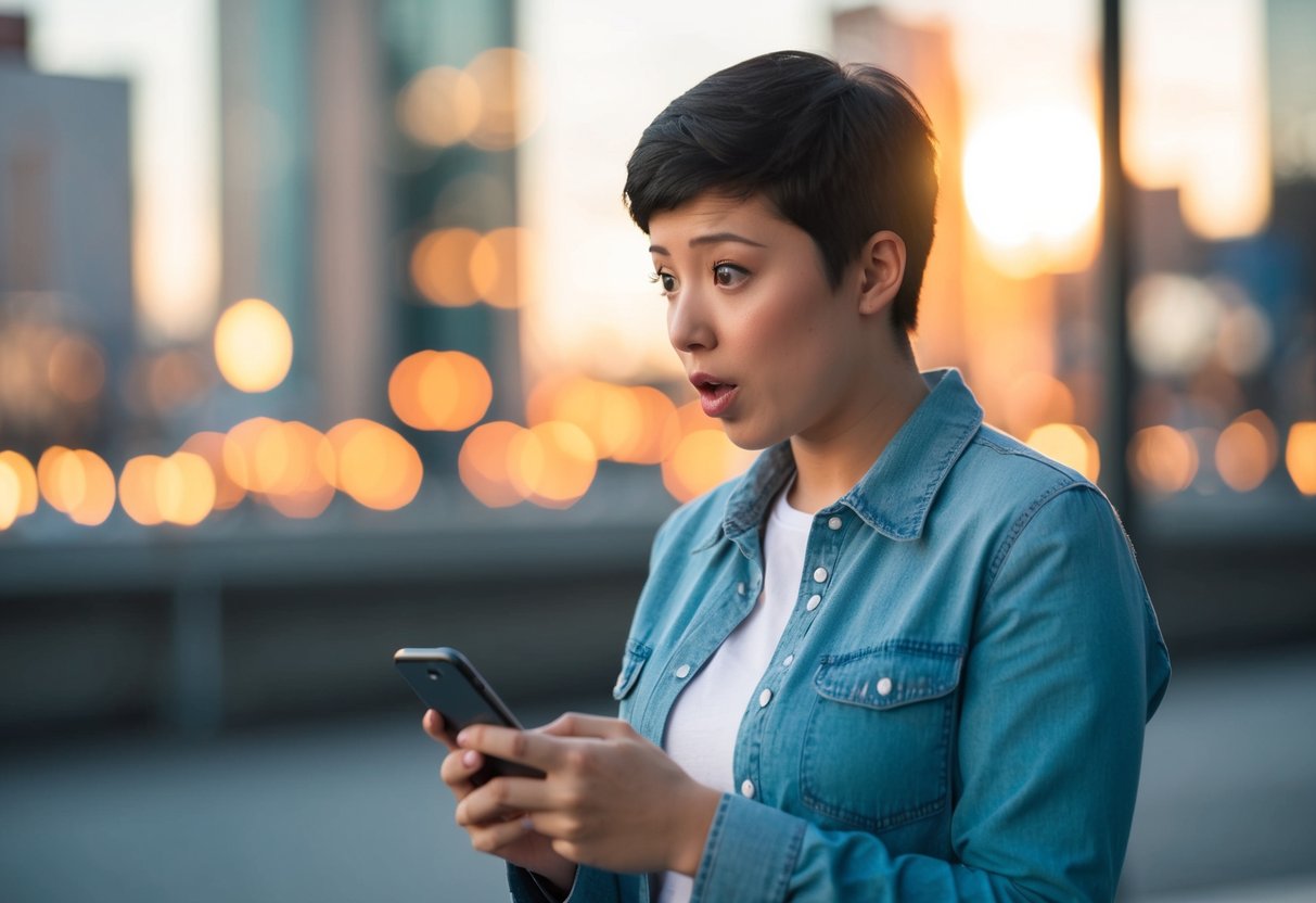 A person standing alone, looking at a phone with a surprised expression