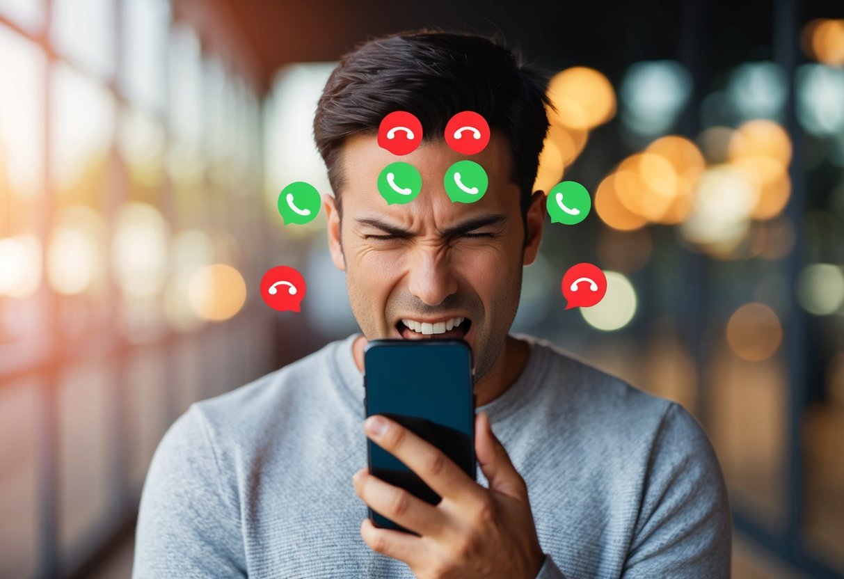 A phone with multiple missed call notifications and a frustrated expression