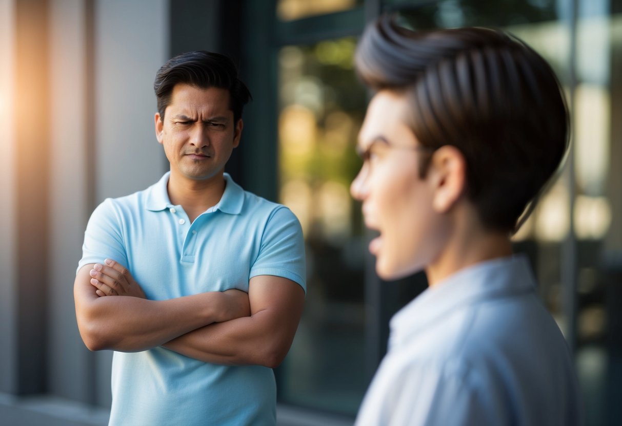 A person standing with arms crossed and a scowling expression, facing away from another figure with a frustrated look on their face