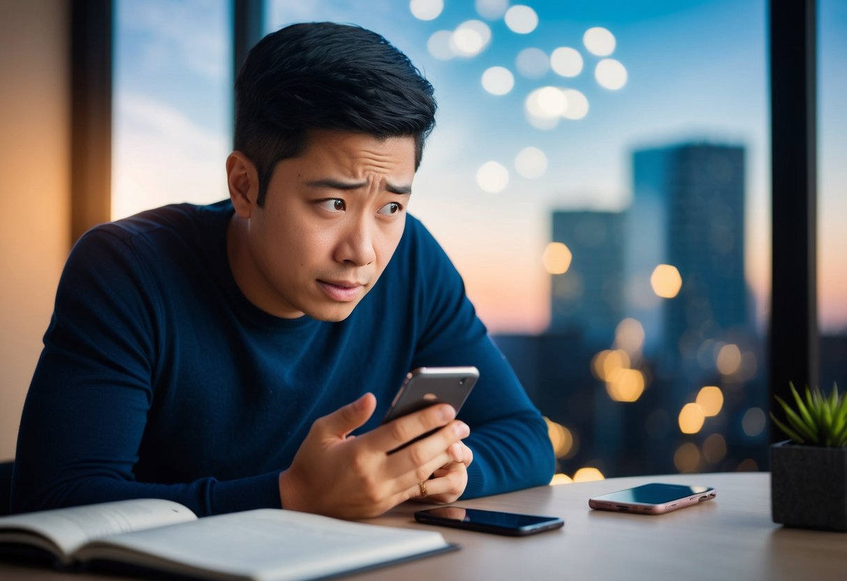 A person anxiously waiting for a response, staring at their phone with a worried expression