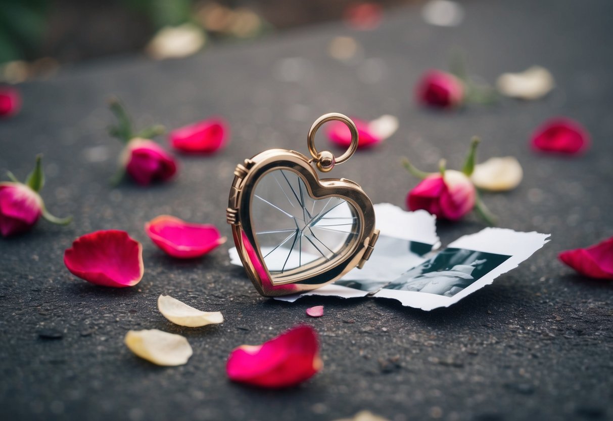 A shattered heart-shaped locket lies on the ground, surrounded by scattered rose petals and a torn photograph