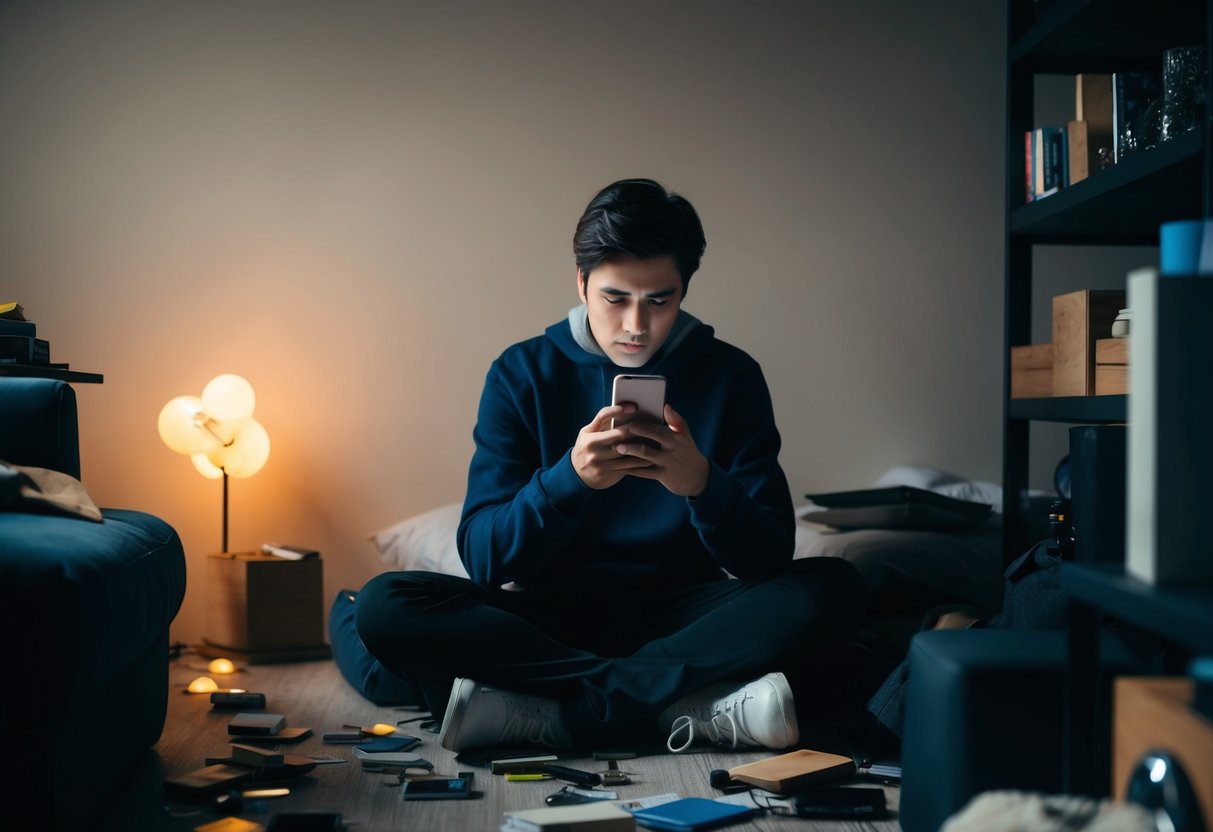 A person sitting alone in a dimly lit room, surrounded by scattered objects and staring at their phone with a bored expression