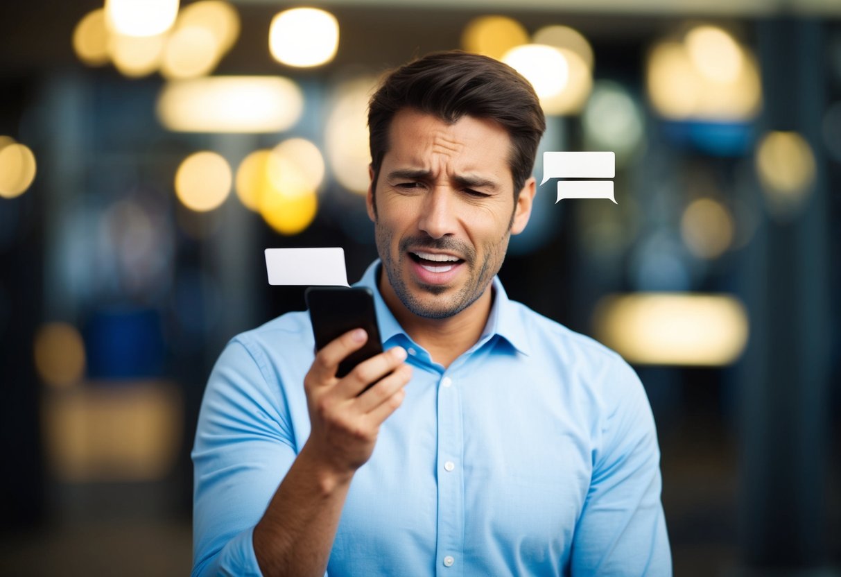 A man receiving a series of text messages on his phone, with a frustrated expression on his face