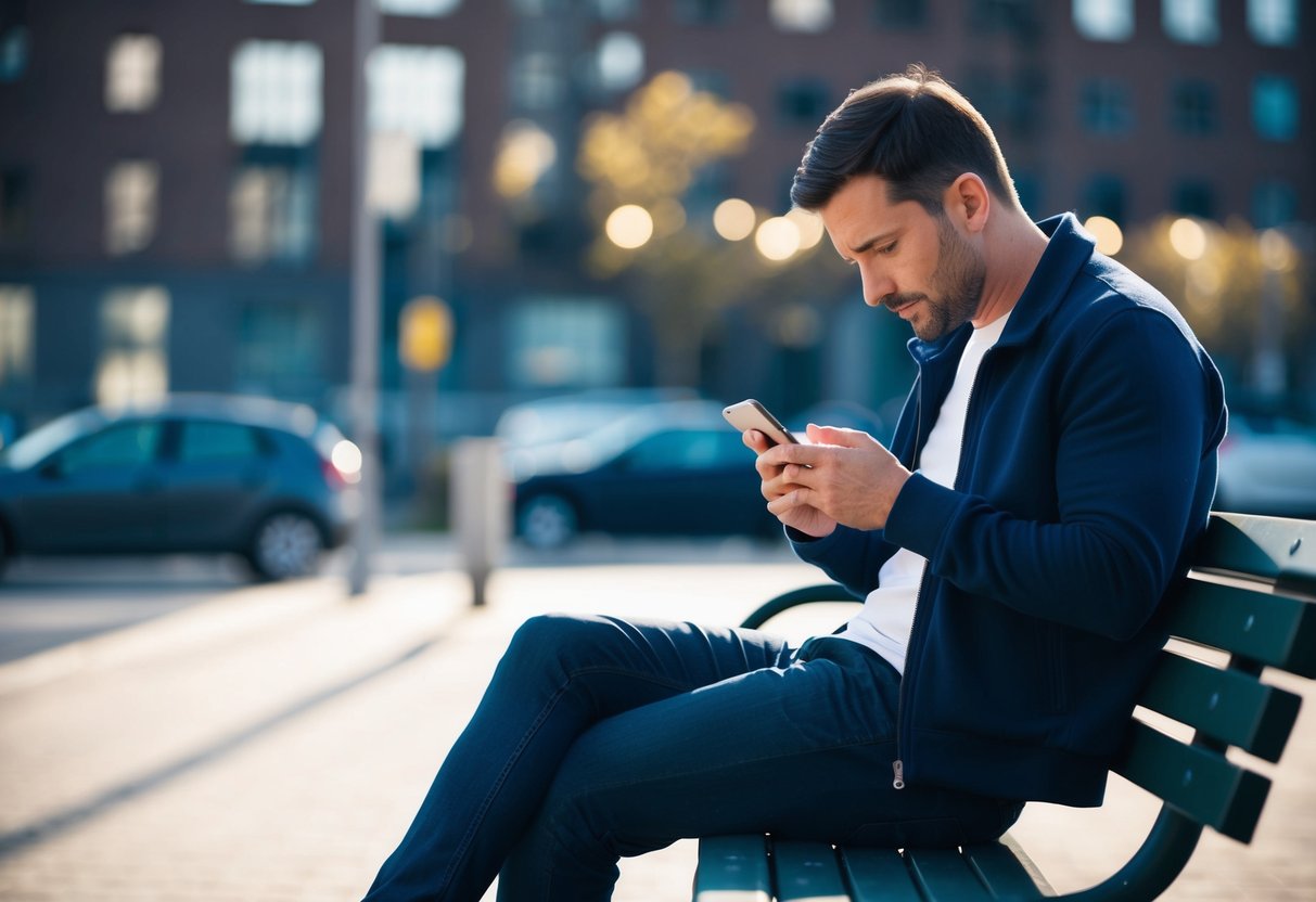 A man sitting alone on a bench, looking dejected as he reads his phone