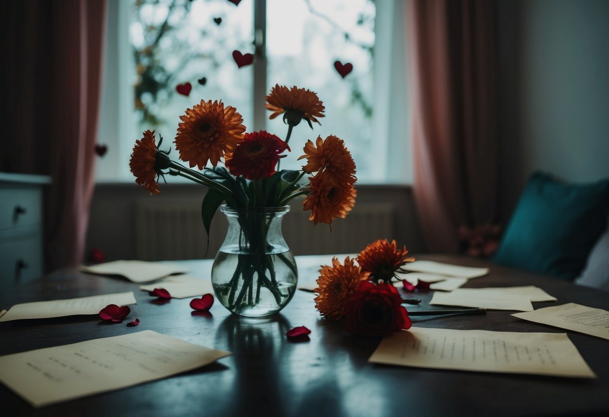 A dimly lit room with wilted flowers and scattered love letters