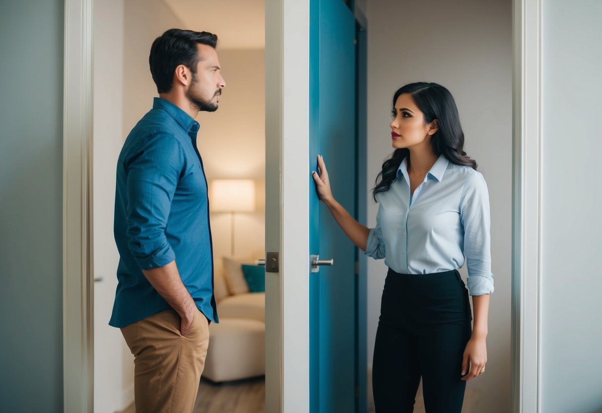 A man standing on one side of a closed door, while a woman stands on the other side, both looking hesitant to communicate