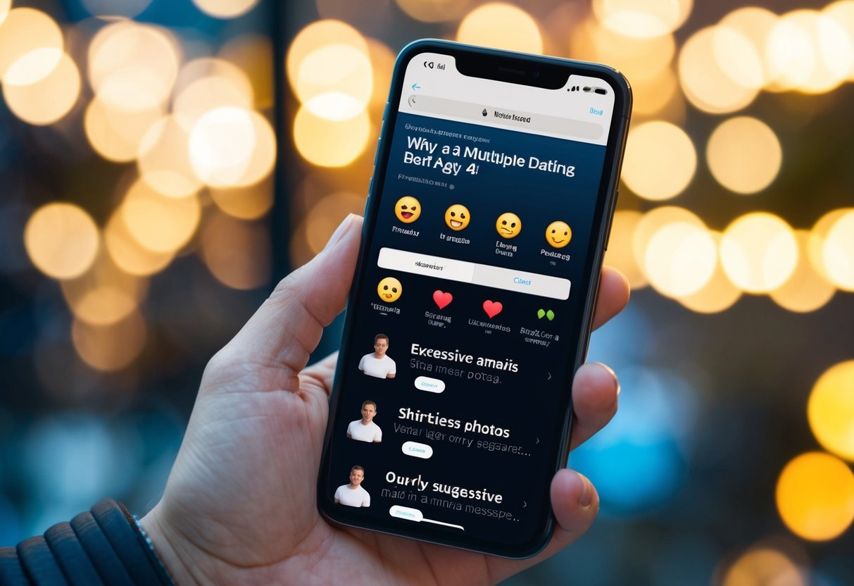 A smartphone with a dating app open, showing multiple red flags such as excessive emojis, shirtless photos, and overly suggestive messages