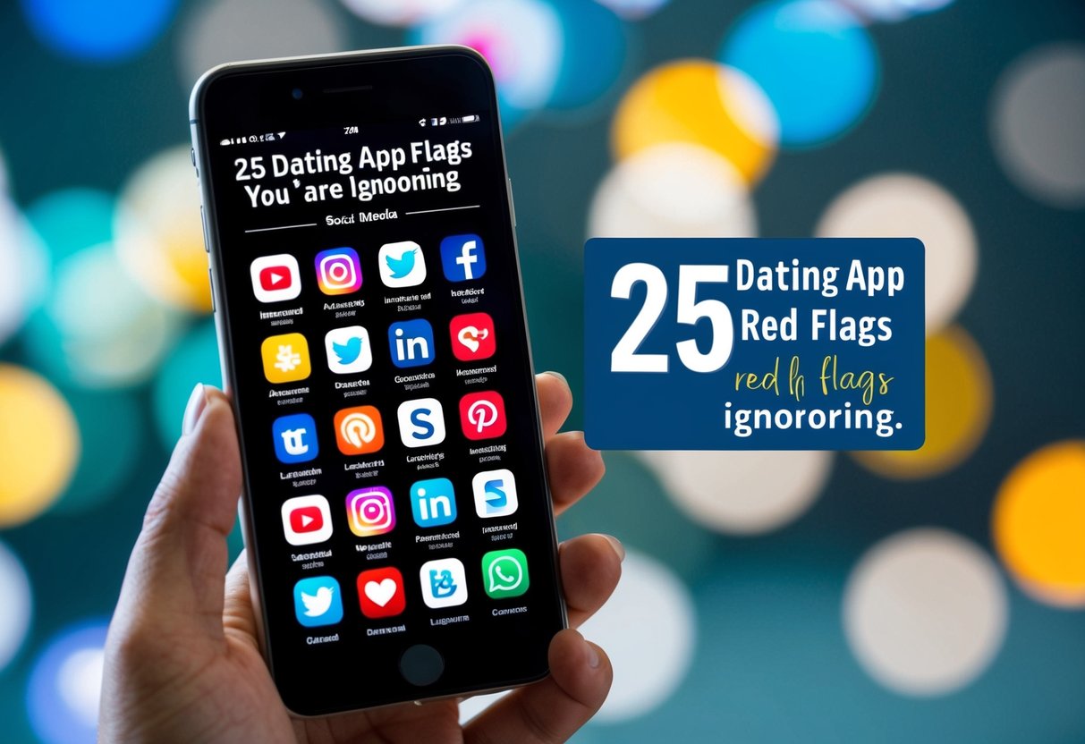 A smartphone displaying various social media icons with a list of "25 Dating App Red Flags You're Ignoring" on the screen