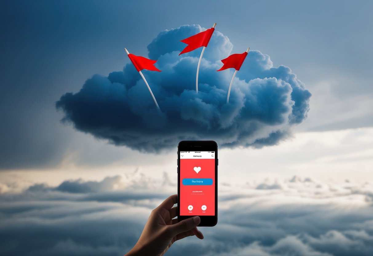 A stormy cloud hovering over a phone with a dating app open, with a series of red flags popping up around it