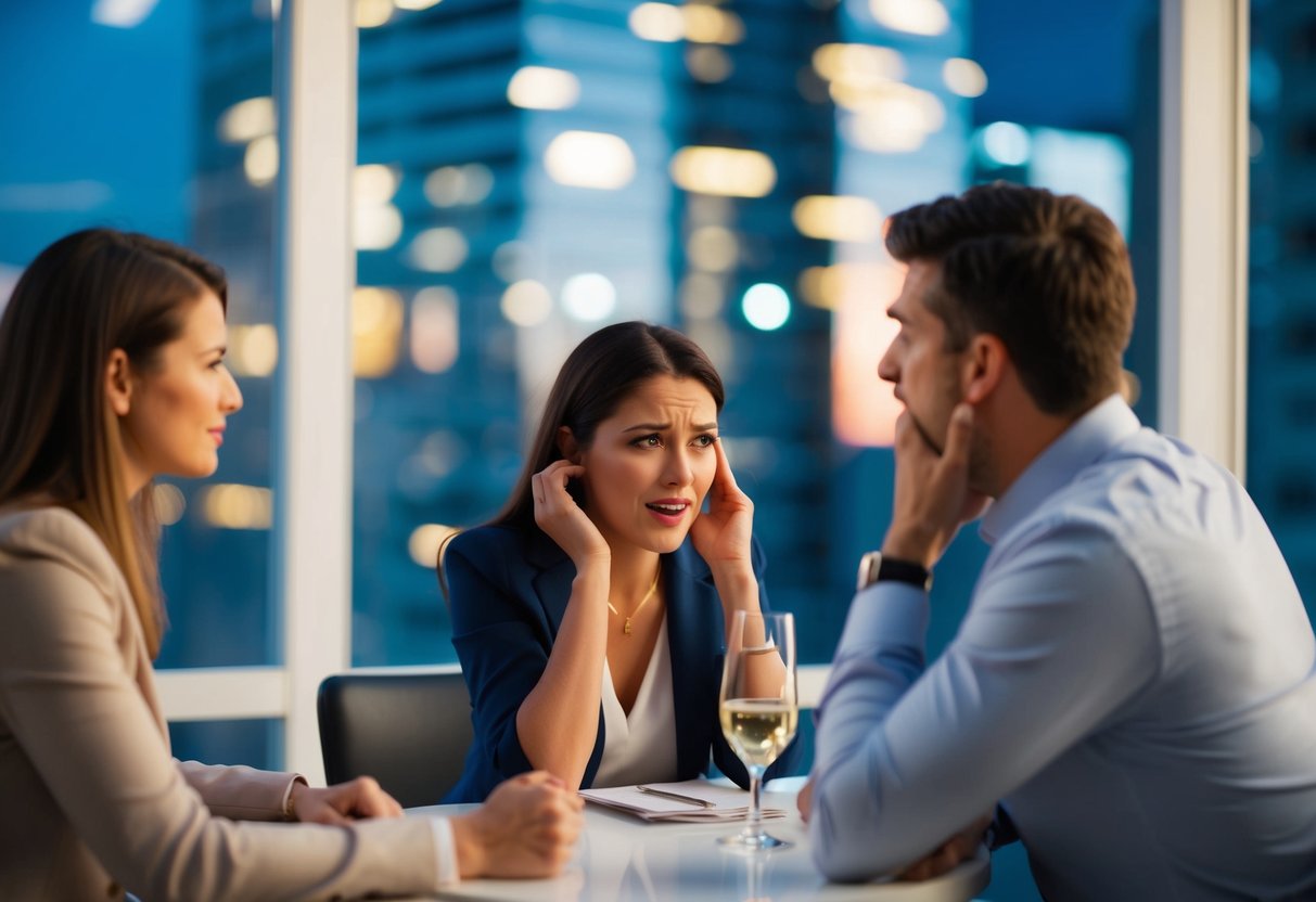 A person sitting on a date, repeatedly mentioning their ex with a frustrated expression