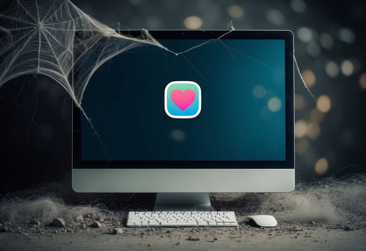 A deserted computer screen surrounded by cobwebs and dust, with a single outdated dating app icon in the corner